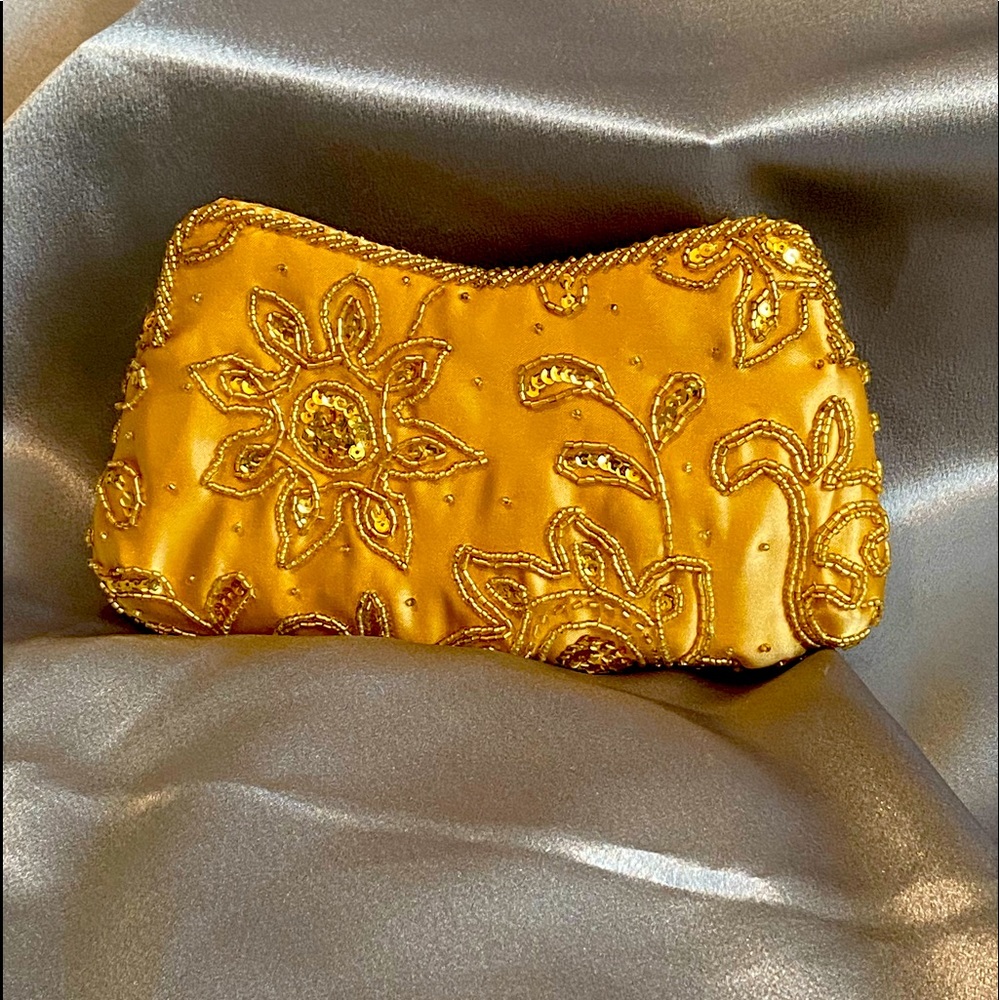 Gold Satin Beaded Clutch